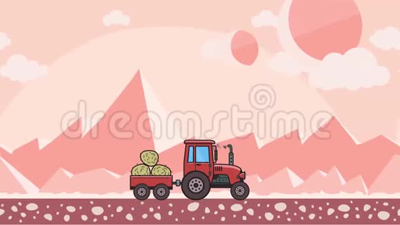 动画拖拉机与手推车充满干草骑通过粉红色山沙漠背景移动农用车视频的预览图