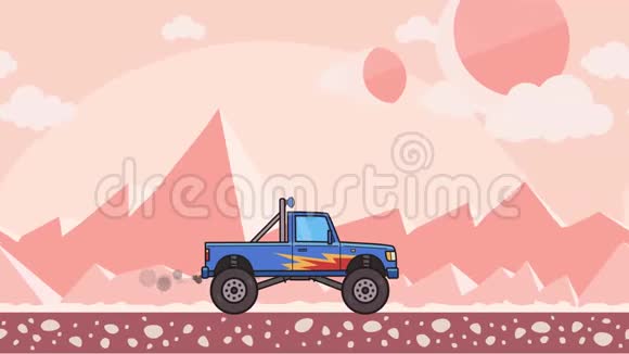 动画大轮怪物卡车穿越外星星球沙漠移动大脚卡车在粉红色的山地沙漠视频的预览图