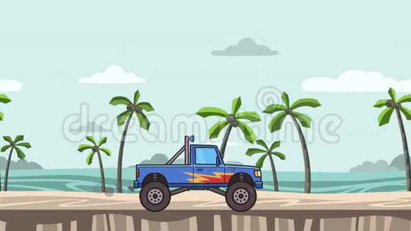 海滩上的动画大轮怪物卡车把大脚卡车开到海边平面动画视频的预览图
