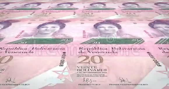 二十个委内瑞拉玻利瓦尔共和国钞票在屏幕上滚动现金循环视频的预览图