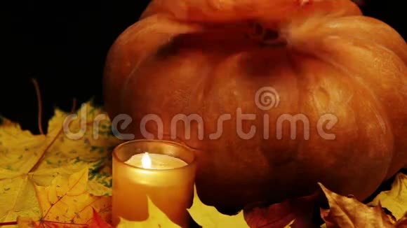 蜡烛在南瓜和枫叶在黑暗的背景下燃烧视频的预览图