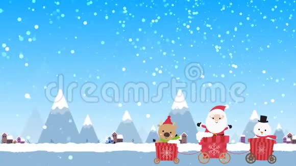 卡通动画角色圣诞圣诞老人驯鹿和雪人在车上移动通过冬季小镇和山与雪鹰视频的预览图