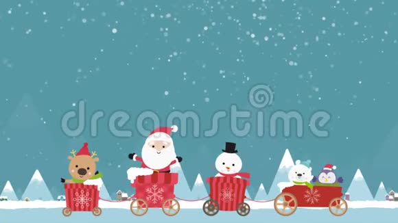 卡通动画角色圣诞圣诞老人驯鹿和雪人在车上移动通过冬季小镇和山与雪鹰视频的预览图