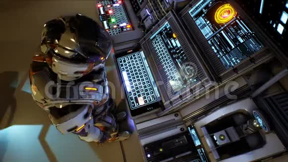 未来的宇航员按下科幻屏幕上的键现实的运动背景无缝环的动画视频的预览图