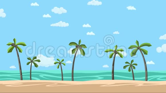 阳光明媚的海滩棕榈树和多云的摩天大楼动画背景平面动画视频的预览图