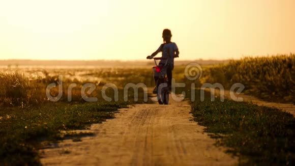 在草地上日落时的比基尼女郎日落时分孩子们骑着自行车在麦田里享受自由骑自行车的女孩视频的预览图