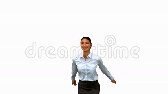 快乐的女商人在白色屏幕上举起手臂视频的预览图