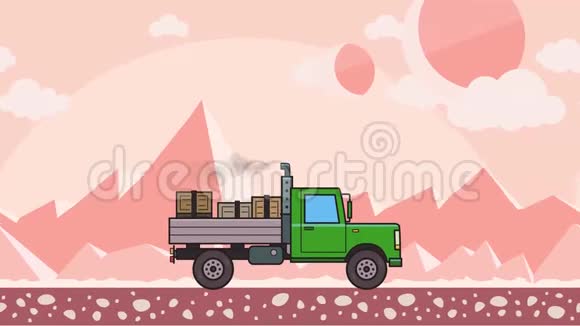 动画绿色卡车箱子在后备箱里骑过外星星球沙漠在粉红山上移动重车视频的预览图