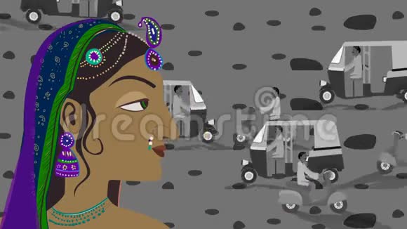 繁忙街道上繁忙的交通和印度传统印度教女视频的预览图