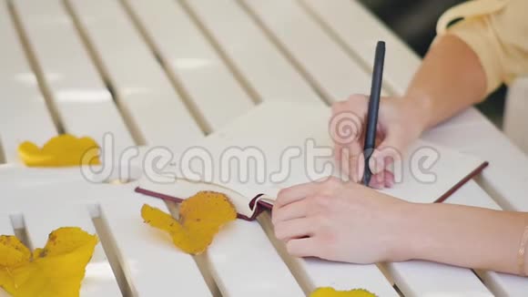 奇妙的秋景一位迷人的年轻女子开心地笑着坐在街边咖啡馆的一张桌子旁在里面记笔记视频的预览图