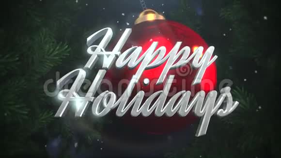 动画特写快乐假期文字和白色雪花红色球在黑暗背景视频的预览图