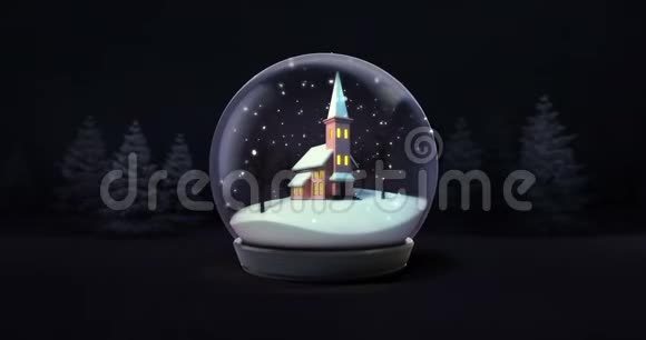 在黑暗的森林动画中基督教教堂的雪球下雪了视频的预览图