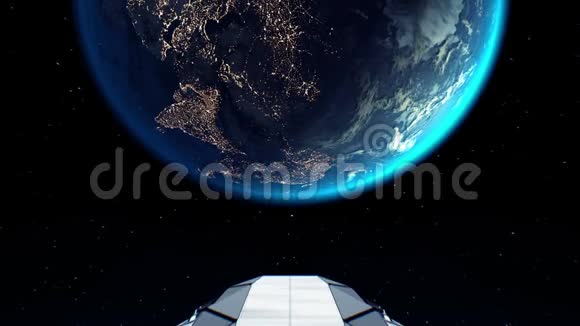 目的地地球巨型飞船飞向行星引擎闪烁三维动画地球的纹理是在视频的预览图