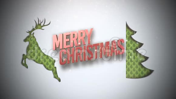 动画特写圣诞快乐文字绿色圣诞树和雪上鹿视频的预览图