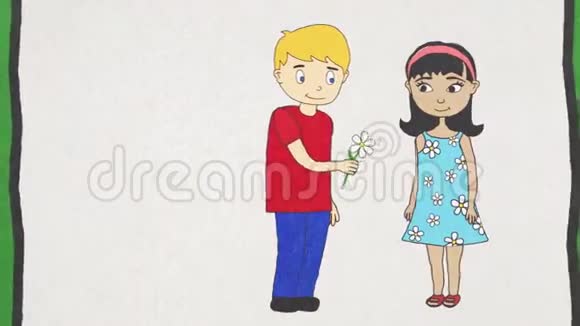 卡通动画与一个男孩送花给一个女孩的白色背景友谊的概念女孩亲吻男孩视频的预览图