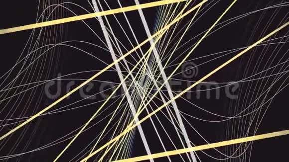 在黑色背景上抽象出灰色和黄色直线和曲线的彩色运动动画狭窄的条纹视频的预览图