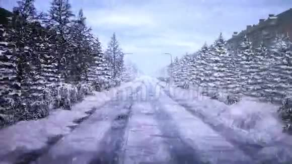 开在雪道上白天的城市下雪了视频的预览图