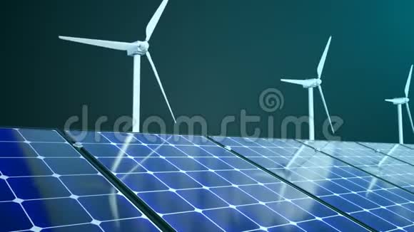 旋转风车和太阳能电池板三维渲染计算机生成生态设计视频的预览图