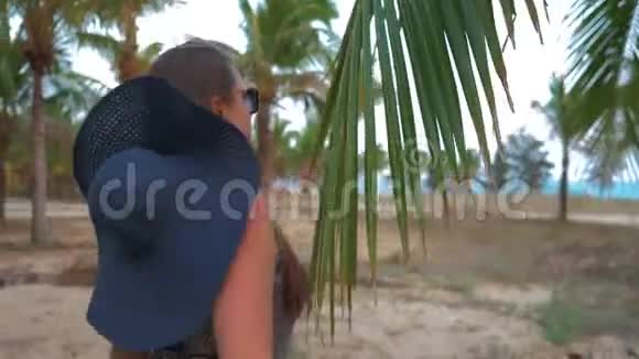 戴着蓝色帽子和眼镜的年轻女孩看着热带棕榈树近距离射击视频的预览图
