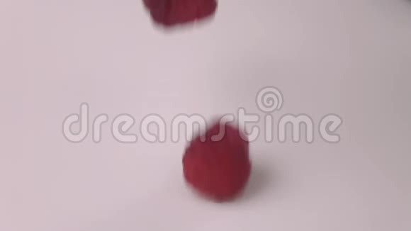 蔓越莓缓慢地落入牛奶中覆盆子慢慢地掉进酸奶里视频的预览图