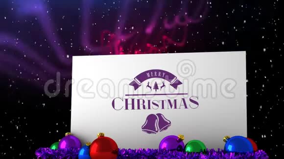 圣诞快乐写在白色的标牌上雪花纷飞视频的预览图