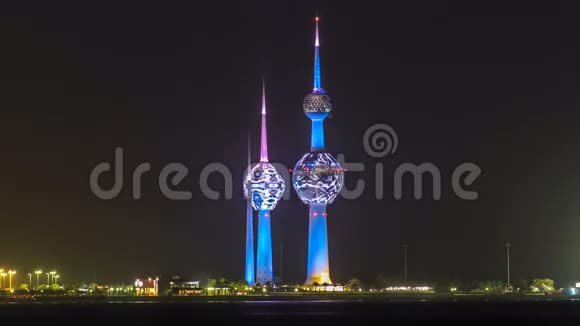 科威特塔的夜间时间推移科威特城最著名的地标科威特中东视频的预览图