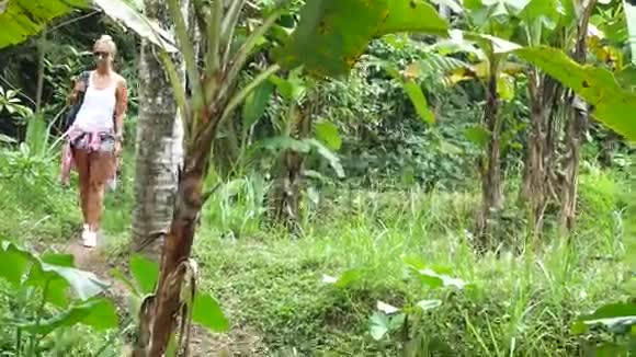 沿着热带雨林中的小路步行到瀑布视频的预览图