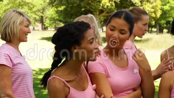 公园里穿着粉色衣服的快乐女人在聊天视频的预览图