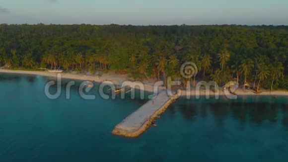 菲律宾热带海岸棕榈树环绕的空中日落景观视频的预览图