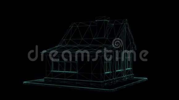线框房屋隔离在黑色背景上3D渲染旋转无缝循环动画视频的预览图