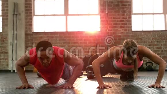 健身情侣一起在健身房做俯卧撑视频的预览图