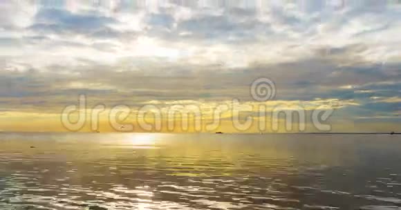 宁静的场景多云的海上日落海鸥在日落时飞翔视频的预览图