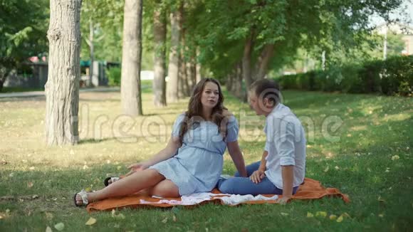 坐在公园格子布上的怀孕夫妇视频的预览图