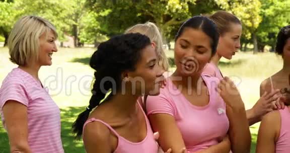 公园里穿着粉色衣服的快乐女人在聊天视频的预览图