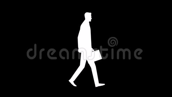 一个穿着商务服的男人的剪影带着一个公文包拿出电话和谈话黑色背景上的白色轮廓视频的预览图