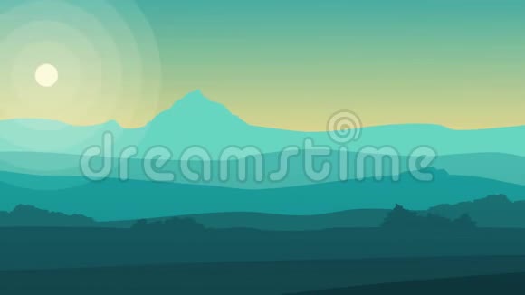 有山丘陵天空和太阳的动画景观一个美丽的轮廓景观背景动画与视频的预览图