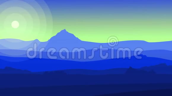 有山丘陵天空和太阳的动画景观一个美丽的轮廓景观背景动画与视频的预览图
