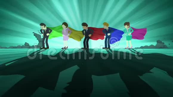 站在聚光灯下的超级英雄商业团队赢家符号团队合作和成功的概念漫画循环动画视频的预览图
