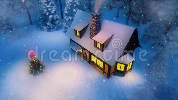 雪夜的乡村小屋和圣诞树视频的预览图