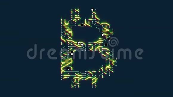 一个具有移动电子形状的比特币货币符号区块链电子连接CriptoCurrent的未来主义电路板视频的预览图