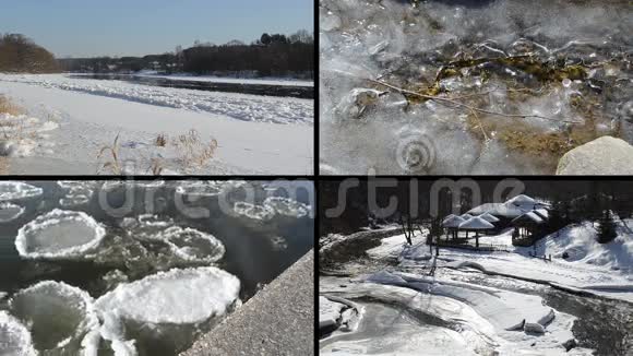 冬天的季节浮冰漂浮在河水上视频的预览图