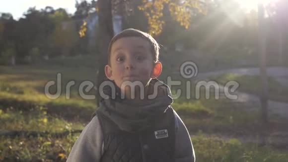 微笑的小男孩在公园里玩秋天视频的预览图