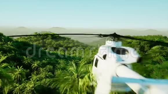 山野外景观用飞行直升机棕榈树丛林探险空中观景现实4k动画视频的预览图