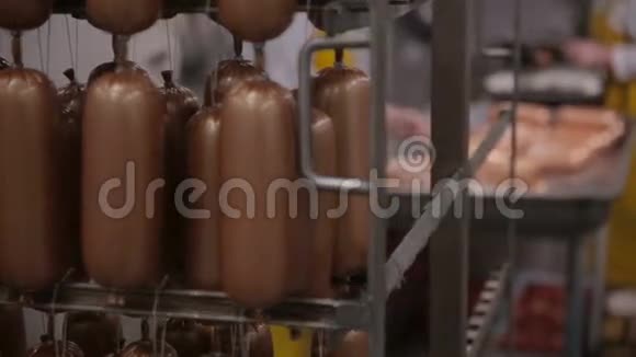 工业生产香肠工人手操作肉类加工机视频的预览图