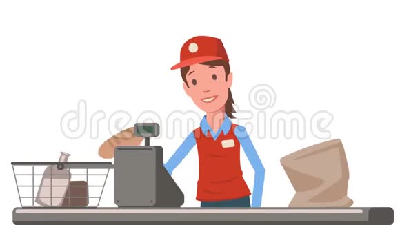 超市收银台的收银员女士杂货店售货员平面动画孤立在白色背景上视频的预览图