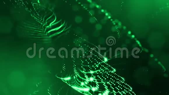 具有景深的虚拟空间带粒子的循环全息背景形成线面网格绿色的绿色19视频的预览图