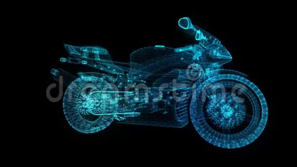 旋转摩托车360度模型摩托车形成过程中的发光微粒无缝环行视频的预览图