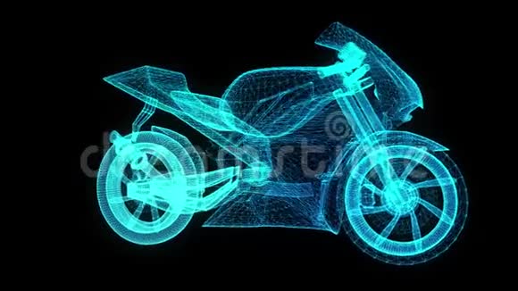 旋转摩托车360度模型摩托车形成过程中的发光微粒无缝环行视频的预览图