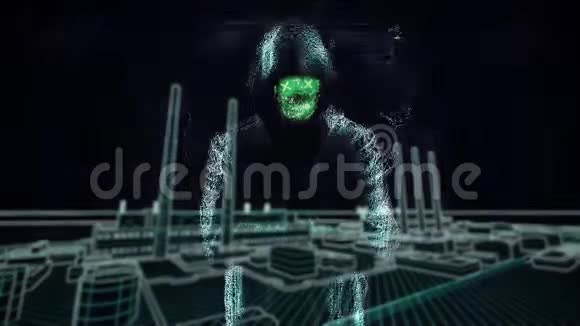 人类的网络人物在引擎盖中站在黑暗中的绿色波浪和投掷红色发光的物体抽象动画视频的预览图