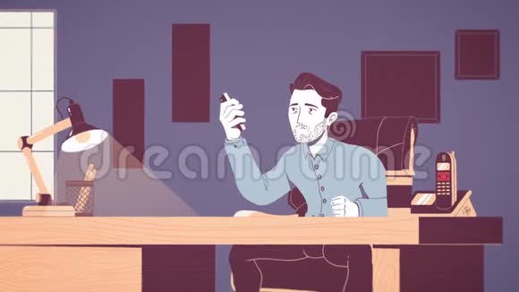 一个疲惫而压力很大的商人在办公室工作的动画一幅年轻疲惫的动画漫画视频的预览图